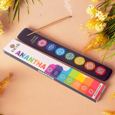 Black incense holder plate featuring Seven Chakra symbols, perfect for meditation and spiritual dΓ©cor.Indiaβs Largest Pooja Accessories Brand β www.satvikstore.in