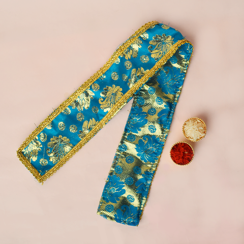 Blue and golden designer Angvastra/Patka/Dupatta, 21-22 inches in length, featuring intricate patterns and traditional styling. Indiaβs Largest Pooja Accessories Brand β www.satvikstore.in