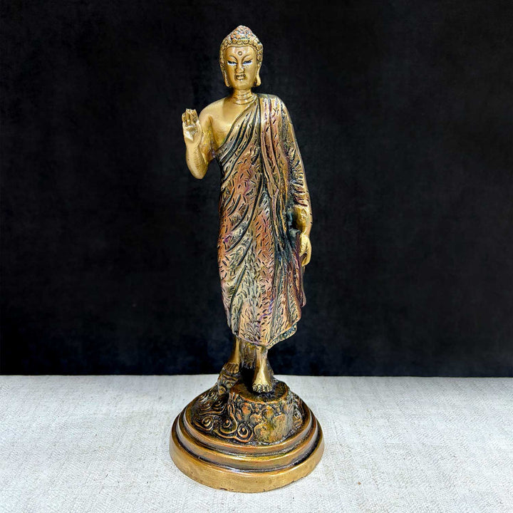 10 Inch Exquisite Brass Buddha in Standing Pose – Finely Detailed Statue Representing Peace, Enlightenment, and Mindfulness, Ideal for Meditation Corners, Home Decor, and Spiritual Spaces. No.1 Brass Idol Store www.satvikstore.in