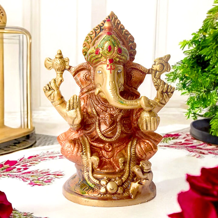 6.9 Inch Vibrant Colored Brass Ganesh Statue β Beautifully Crafted Idol of Lord Ganesha in Rich, Colorful Finish, Symbolizing Wisdom, Prosperity, and Auspicious Beginnings for Home or Temple Decor. No.1 Brass Idol Store www.satvikstore.in