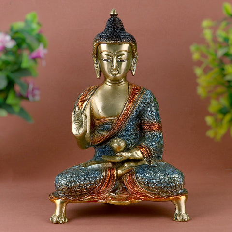 8.3 Inch Contemplative Brass Colorful Buddha Idol in Green β Peaceful and Vibrant Statue Depicting Lord Buddha in a Meditative Pose, Perfect for Home Decor. No.1 Brass Idol Store www.satvikstore.in