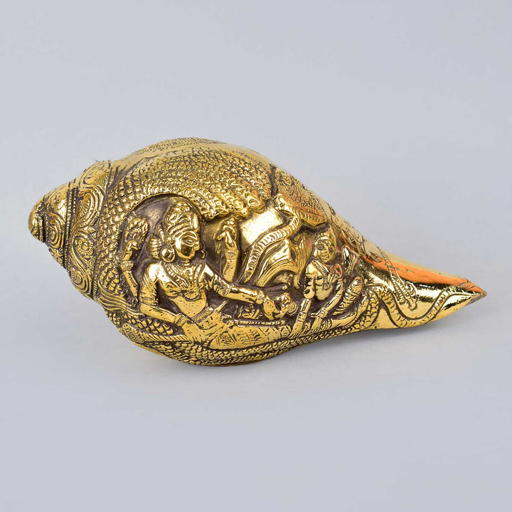 3.3 Inch Brass Engraved Laxmi Vishnu Shankh β Intricately Crafted Sacred Conch with Detailed Engravings of Goddess Lakshmi and Lord Vishnu, Ideal for Puja, Rituals, and Spiritual Decor. No.1 Brass Idol Store www.satvikstore.in