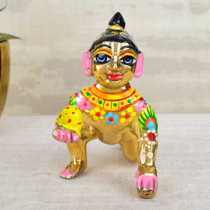 Brass Bal Gopal Idol (Size 5) depicting Laddu Gopal in a playful pose for home temple worship. Indiaās Largest Pooja Accessories Brand - www.satvikstore.in