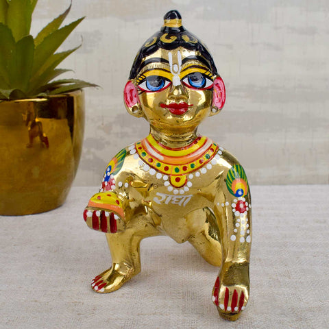 Brass Bal Gopal Idol (Size 6) depicting Laddu Gopal in a playful pose for home temple worship. Indiaβs Largest Pooja Accessories Brand - www.satvikstore.in