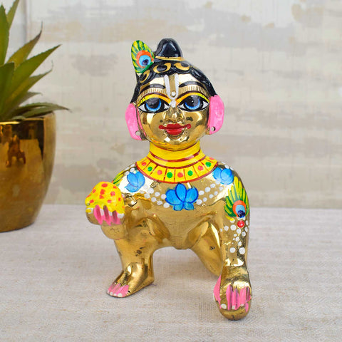 Brass Bal Gopal Idol (Size 7) depicting Laddu Gopal in a playful pose for home temple worship. Indiaβs Largest Pooja Accessories Brand - www.satvikstore.in