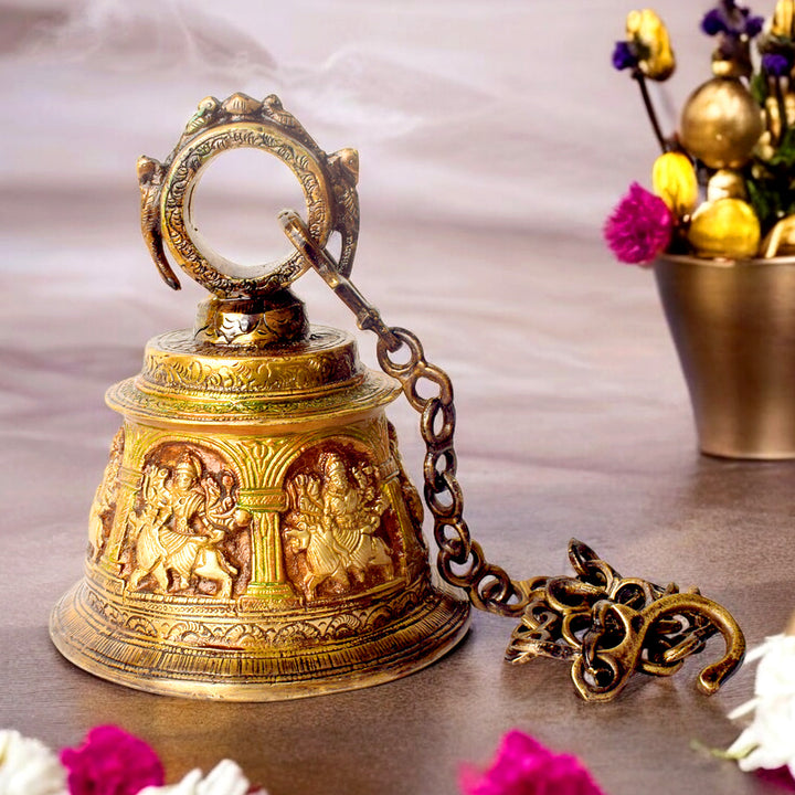 30.3 Inch Brass Temple Bell (Ghanta) with Embossed Sherawali Mata – Perfect for Durga Temples, Home Mandirs, and Spiritual Decor. India's Largest Puja Accessories Brand - Satvik No. 1 Brass Idol Collection