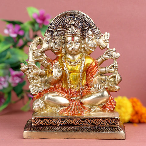 6.3 Inch Bhavya Panchmukhi Hanuman Brass Idol β Exquisite depiction of Lord Hanuman with five divine faces, crafted in pure brass to radiate spiritual energy, strength, and protection for your home or sacred space. No.1 Brass Idol Store www.satvikstore.in
