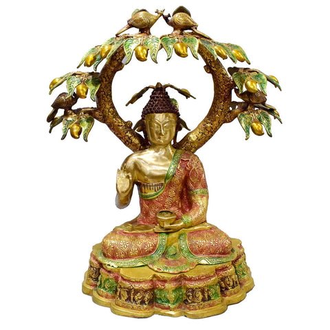 30 Inch Large Brass Buddha Under Mango Tree with Birds Statue β Symbolizing Peace, Harmony, and Enlightenment for Home or Temple Decor. India's Largest Puja Accessories Brand - Satvik No. 1 Brass Idol Collection