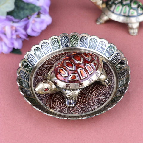 Brass Colored Turtle with Nakashi Plate/Tray (Red) β A vibrant fusion of red energy and intricate Nakashi craftsmanship, bringing prosperity and positive energy to your space. Indiaβs Largest Pooja Accessories Brand β www.satvikstore.in