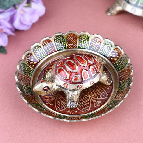 Brass Colored Turtle with Nakashi Plate/Tray (Red) β A vibrant combination of red energy and traditional craftsmanship, bringing prosperity and protection to your space. Indiaβs Largest Pooja Accessories Brand β www.satvikstore.in