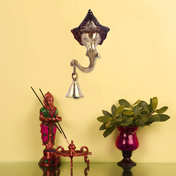 5.9 Inch Brass Decorative Ganesh Wall Hanging with Bell β Auspicious Home Entrance Decor for Positive Vibes and Blessings. No.1 Brass Idol Store www.satvikstore.in