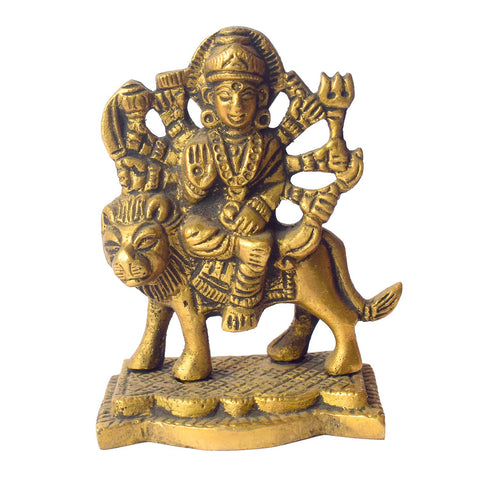 3.1 Inch Brass Sherawali Mata Idol with Base β Small Divine Durga Statue for Home Temple, Car Dashboard, and Spiritual Gifting. No.1 Brass Idol Store www.satvikstore.in