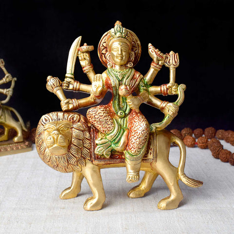 5.5 Inch Brass Durga Idol Seated on Lion β Exquisitely Handcrafted Statue Symbolizing Strength and Protection, Perfect for Navratri Puja, Temple Worship, and Spiritual Home. No.1 Brass Idol Store www.satvikstore.in