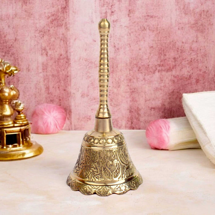 Brass Embossed Puja Bell with traditional carvings for temple rituals. Indiaβs Largest Pooja Accessories Brand - www.satvikstore.in