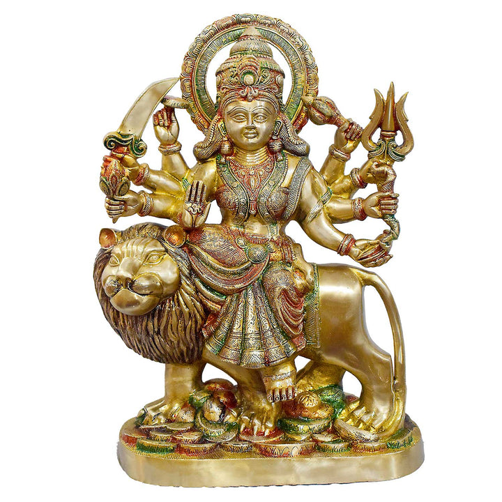 A handcrafted brass statue of Mata Rani (Goddess Durga) seated on her lion, holding multiple weapons including a sword and trident, glossy finish, weight 31750 grams, height 64 cm (approximately 25.2 inches), length 45 cm (approximately 17.72 inches). Best for VIP Gift, best for a big premium gift, and best for your temple. India's Largest Puja Accessories Brand - Satvik No. 1 Brass Idol Collection