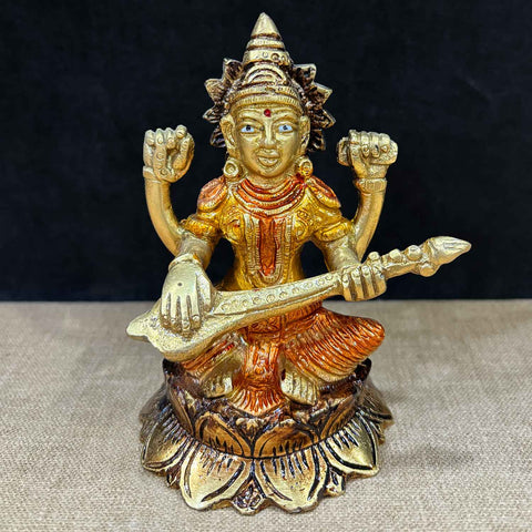 4.5 Inch Handcrafted Saraswati Statue in pure brass, showcasing the goddess of wisdom and arts seated gracefully with veena β ideal for home temple, study area, and spiritual gifting. No.1 Brass Idol Store www.satvikstore.in