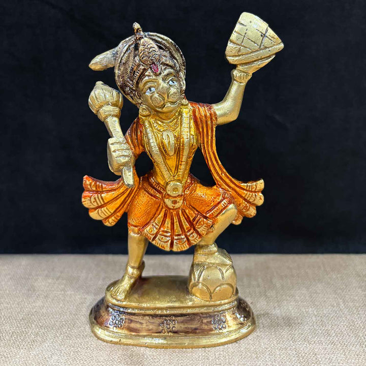 5.5 Inch Brass Hanuman Ji Idol carrying Sanjeevani mountain, finely crafted with dynamic detailing β symbol of strength, devotion, and healing, ideal for home temple and spiritual gifting No.1 Brass Idol Store www.satvikstore.in