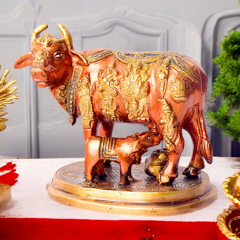 4.9 Inch Divine Brass Kamdhenu Cow with Calf Idol β Beautifully crafted symbol of abundance and purity, perfect for spiritual home dΓ©cor, vastu remedies, and sacred gifting. No.1 Brass Idol Store www.satvikstore.in