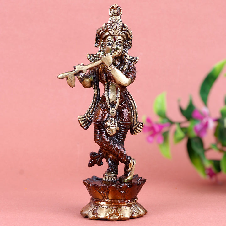 7.2 Inch Brass Krishna Idol with elegant flute-playing posture and fine detailing β perfect for home temple, Janmashtami celebrations, and spiritual dΓ©cor  No.1 Brass Idol Store www.satvikstore.in