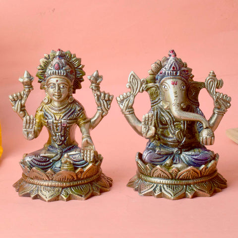 4.9 Inch Brass Lakshmi Ganesha Idol β A Divine Symbol of Blessings, featuring Goddess Lakshmi and Lord Ganesha in intricate brass craftsmanship, perfect for spiritual home decor and temple offerings. No.1 Brass Idol Store www.satvikstore.in