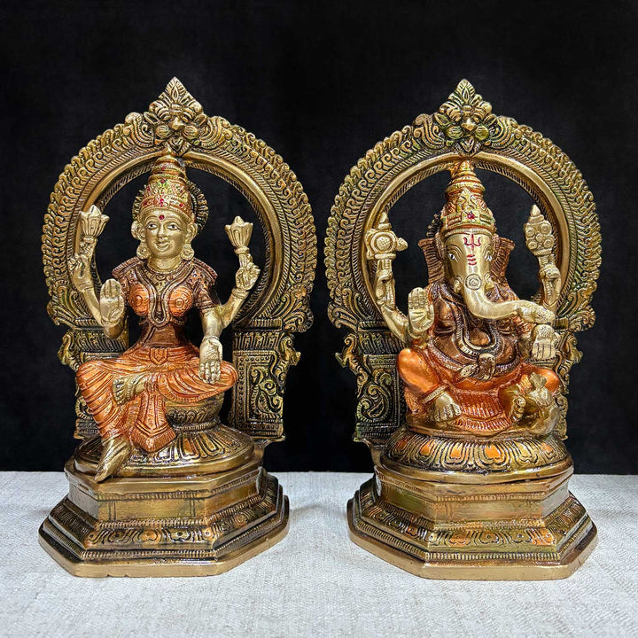 9.4 Inch Brass Lakshmi Ganesha Idol symbolizing prosperity and divine blessings, ideal for Diwali, pooja rituals, and home temple décor. No.1 Brass Idol Store www.satvikstore.in