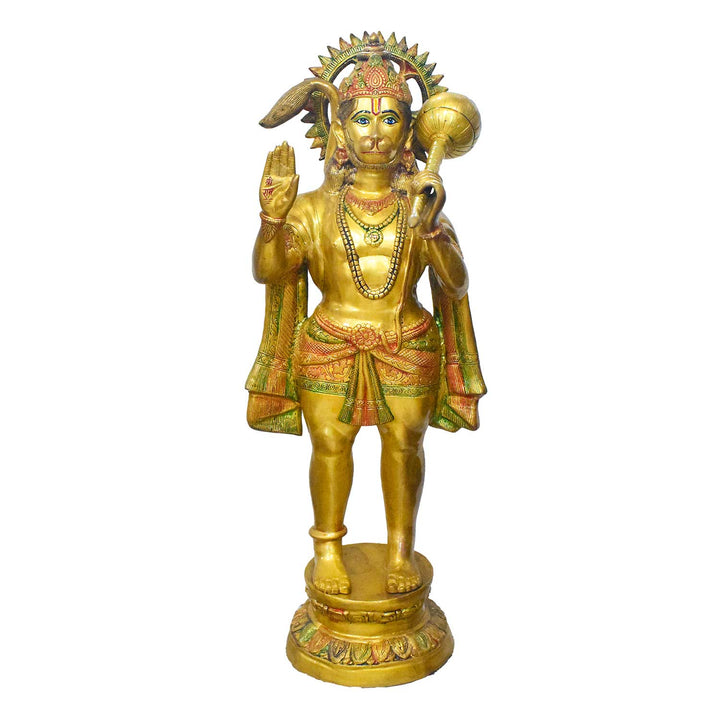 Handcrafted large brass statue of Lord Hanuman standing with a gada (mace) over his shoulder and a blessing gesture, glossy finish, weight 75000 grams (75 kg), height 132 cm (approximately 51.97 inches), length 55 cm (approximately 21.65 inches). Best for VIP Gift, best for big premium gift, best for your temple. India's Largest Puja Accessories Brand - Satvik No. 1 Brass Idol Collection