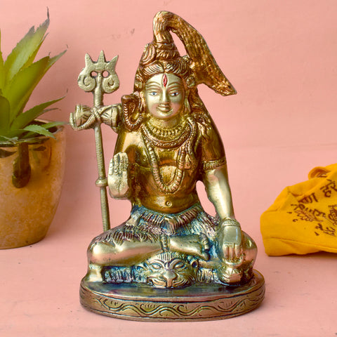 6 Inch Brass Shiv Idol featuring a detailed Divine Lord Shiva statue, perfect for worship, home temple, and spiritual decor. No.1 Brass Idol Store www.satvikstore.in