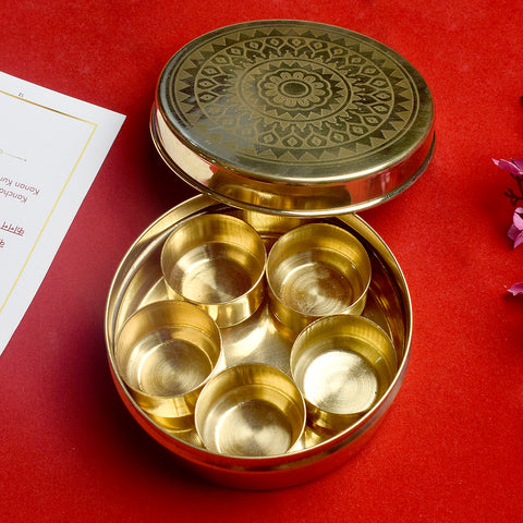 Brass Pooja Samagridaan is a five-container organizer designed for storing essential puja items, ensuring an organized and sacred setup for your rituals and prayers β Indiaβs Largest Pooja Accessories Brand β www.satvikstore.in