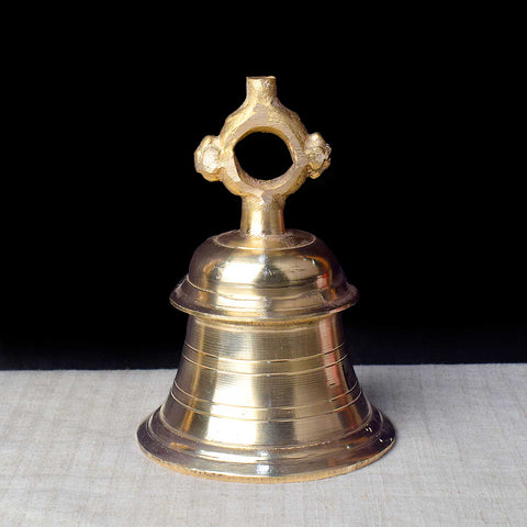 8 inch traditional brass pooja ghanta with intricately carved handle and deep resonant bell, ideal for mandir rituals and devotional practices. No.1 Brass Idol Store www.satvikstore.in
