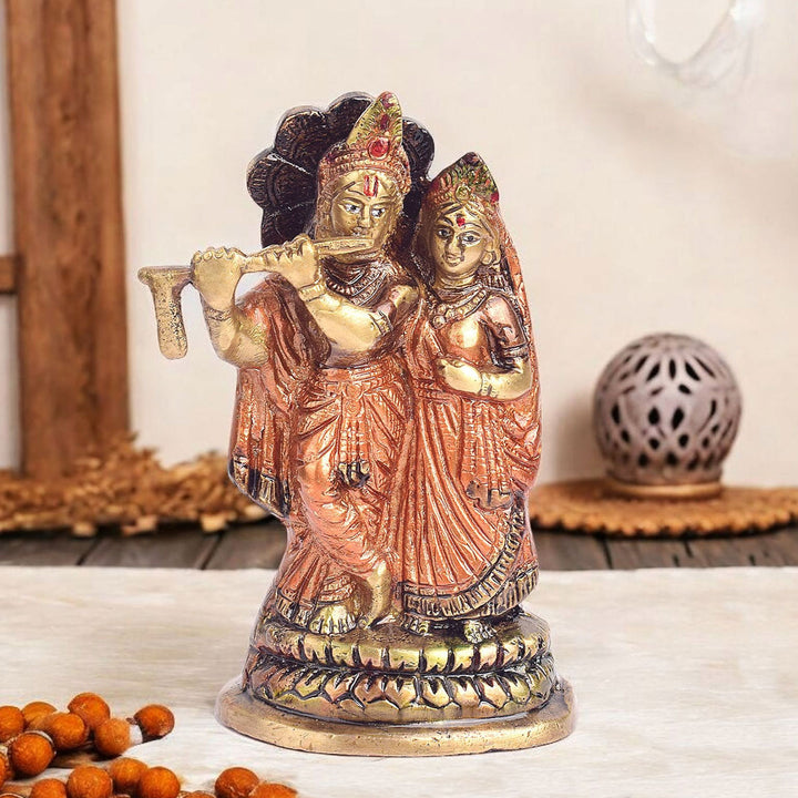 5.4 Inch Radha Krishna Pair Idol made of brass, perfect for home temple decor, symbolizing divine love and devotion.No.1 Brass Idol Store www.satvikstore.in