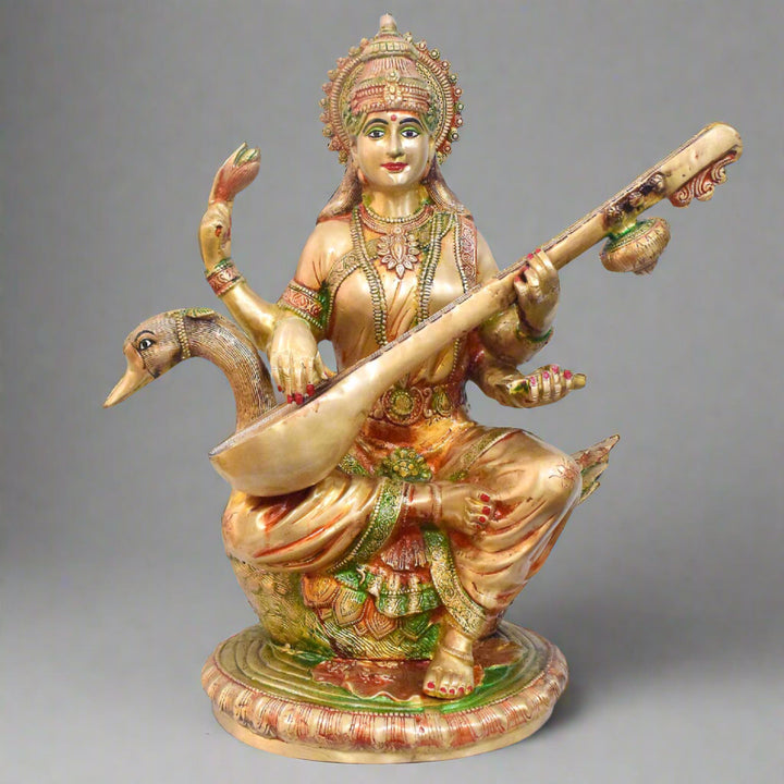 Temple-size brass Saraswati idol with glossy finish β 92 cm (36 inches) height, 63 cm (25 inches) length, and 30150 grams (30.15 kg) weight. This handcrafted temple size murti is made from high-quality brass, perfect for home temples, puja, and gifting. Buy premium temple size statues from India's Large Puja Accessories Brand - Satvik No. 1 Brass Idol Collection