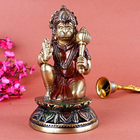 5 Inch Brass Bajrangbali Hanuman Statue with intricate handcrafted detailing, symbolizing strength, devotion, and protection β ideal for home temple, pooja room. No.1 Brass Idol Store www.satvikstore.in