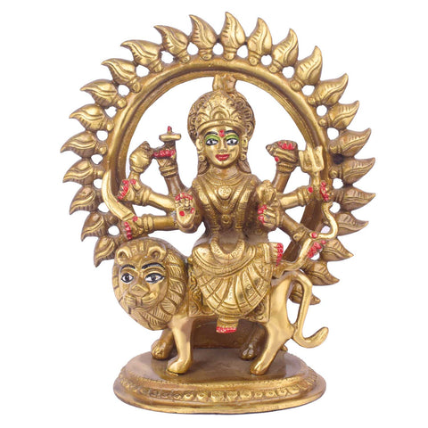 8 Inch Divine Brass Sherawali Mata idol intricately placed in a round frame, symbolizing strength and protection, ideal for home temple or wall dΓ©cor. No.1 Brass Idol Store www.satvikstore.in