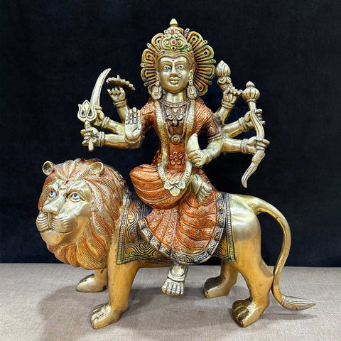 Brass Idol of Sherawali Mata Statue Stunning Sherawali Mata Statue β Divine Brass Idol of Goddess Durga, Symbolizing Strength & Protection, Perfect for Home, Temple, and Festive Decor. India's Largest Puja Accessories Brand - Satvik