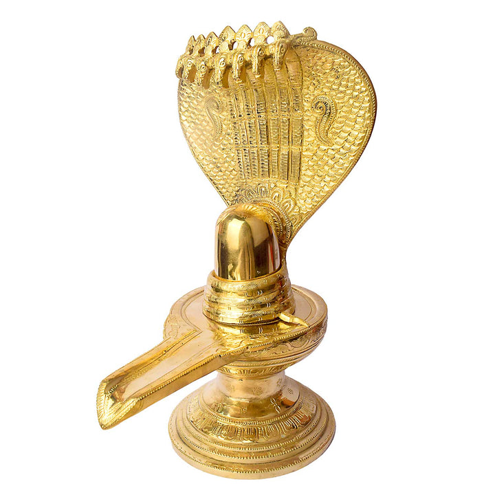 14.2-inch Brass Shivling with Nag Hood, intricately designed for divine worship and ideal for Shivratri rituals and spiritual décor. No.1 Brass Idol Store www.satvikstore.in