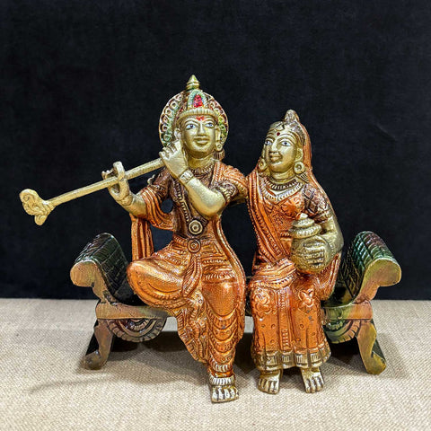 4.7 Inch Graceful Sitting Radha Krishna on Bench β Handcrafted Brass Spiritual Masterpiece for Love, Devotion, and Home Decor. No.1 Brass Idol Store www.satvikstore.in