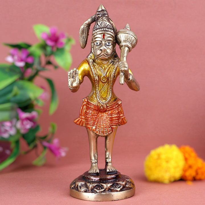 7.6 Inch Brass Standing Hanuman Ji Idol in a powerful pose, symbolizing strength, devotion, and divine protection β perfect for temple or home altar. No.1 Brass Idol Store www.satvikstore.in