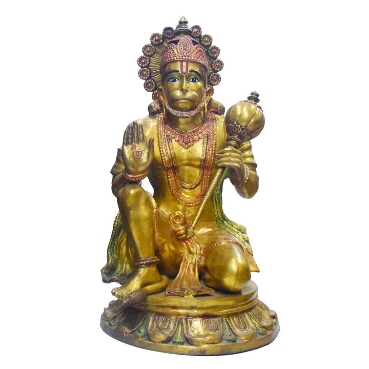 A handcrafted large brass statue of Lord Hanuman seated on a base, holding a gada (mace) and with a blessing gesture, glossy finish, weight 60000 grams (60 kg), height 97 cm (approximately 38.19 inches), length 45 cm (approximately 17.72 inches). India's Largest Puja Accessories Brand - Satvik No. 1 Brass Idol Collection