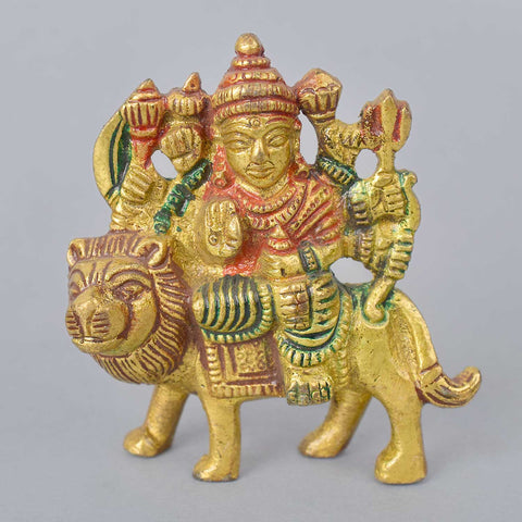 2.6 Inch Vibrant Sherawali Mata Idol β Compact Brass Statue for Car Dashboard, Home Temple, or Festive Decor. No.1 Brass Idol Store www.satvikstore.in