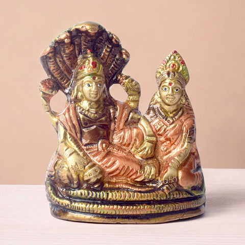 3.5 Inch Small Vishnu Ji Brass Idol resting on Sheshnag with fine detailing, ideal for home temple dΓ©cor, spiritual worship, and religious gifting No.1 Brass Idol Store www.satvikstore.in