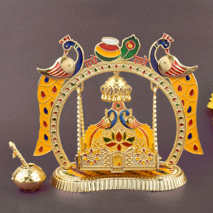 Bright and colorful Laddu Gopal Jhula with traditional design, ideal for Janmashtami celebrations and daily pooja of Bal Gopal idol. Indiaβs Largest Pooja Accessories Brand β www.satvikstore.in