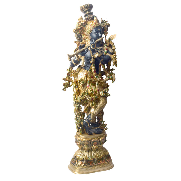 Large Brass Idol of 28 Inch Brass Krishna Sculpture with Artistic Detailing. Elevate your space with the majestic 28-inch Brass Krishna Sculpture, designed with exquisite artistic detailing. This grand piece beautifully depicts Lord Krishna in a graceful and serene posture, showcasing intricate craftsmanship that highlights every delicate feature.