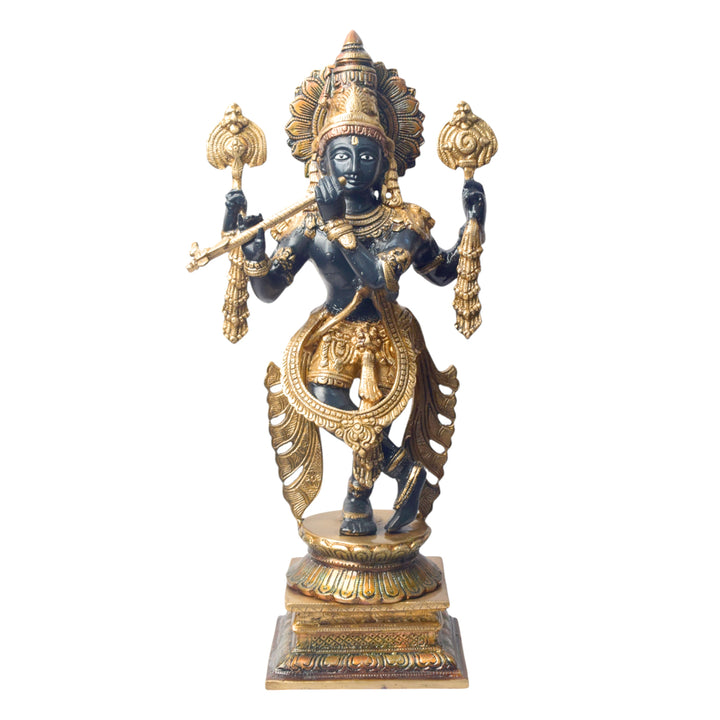 Large Brass Idol of 19 Inch Brass Chola Krishna Sculpture Playing the Flute. Bring home the divine charm of Lord Krishna with this exquisite 19-inch Brass Chola Krishna Sculpture. Expertly crafted, this statue captures Lord Krishna in his iconic pose, gracefully playing the flute.