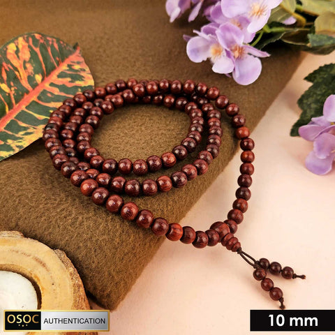 Certified 10mm 100% original authentic red sandalwood (Chandan) jap mala from Andhra Pradesh, with large round beads for meditation, chanting, and spiritual rituals. Indiaβs Premium Jap Mala Store - www.satvikstore.in