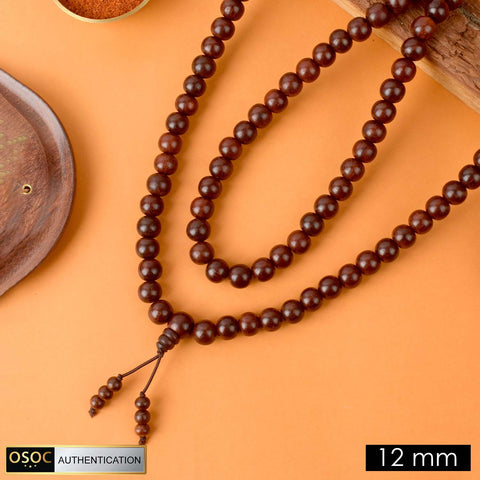 Certified 12mm Original Pure Red Sandalwood Jap Mala from Andhra Pradesh with elastic thread for comfortable daily japa and meditation.Indiaβs Premium Jap Mala Store - www.satvikstore.in
