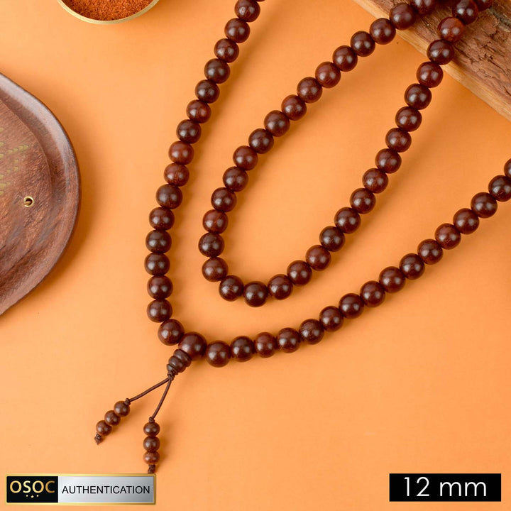 Certified 12mm Original Pure Red Sandalwood Jap Mala from Andhra Pradesh with elastic thread for comfortable daily japa and meditation.India’s Premium Jap Mala Store - www.satvikstore.in