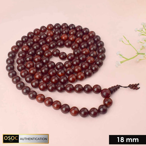 Certified 18mm 100% authentic pure red sandalwood Jap mala from Andhra Pradesh, handcrafted with smooth, polished beads for spiritual and meditative use.Indiaβs Premium Jap Mala Store - www.satvikstore.in