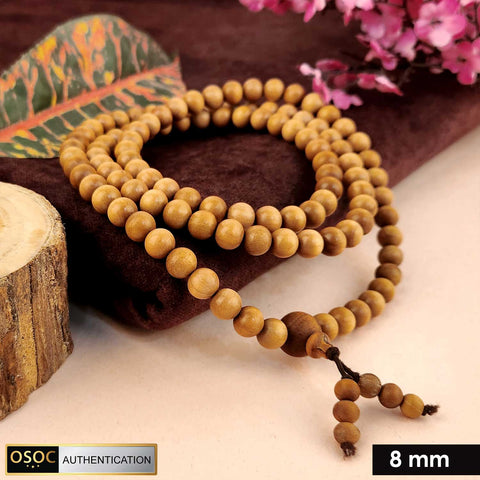 Certified 8mm 100% original authentic Mysore white sandalwood (Chandan) jap mala with smooth round beads, ideal for meditation, chanting, and spiritual rituals.Indiaβs Premium Jap Mala Store - www.satvikstore.in