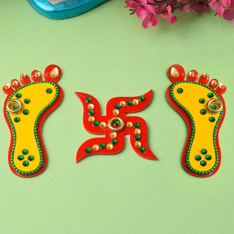 Divine Impressions Charanpaduka and Swastik wall decals featuring sacred footprints and Swastik symbols, perfect for home entrances, pooja rooms, and temple dΓ©cor to invite blessings and positivity. Indiaβs Largest Pooja Accessories Brand β www.satvikstore.in