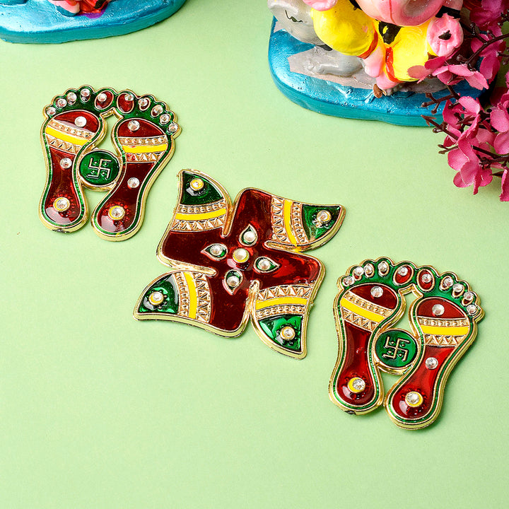 Charanpaduka with Swastik Sticker Ensemble showcasing divine footprints and auspicious Swastik symbols, ideal for spiritual decor in pooja rooms, entrances, or festive settings. India’s Largest Pooja Accessories Brand – www.satvikstore.in